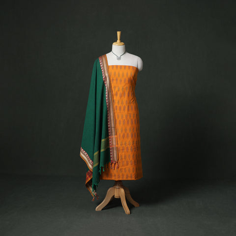 Pochampally Ikat Cotton Unstitched Dress Material: Kurta & Dupatta with Jewellery 29