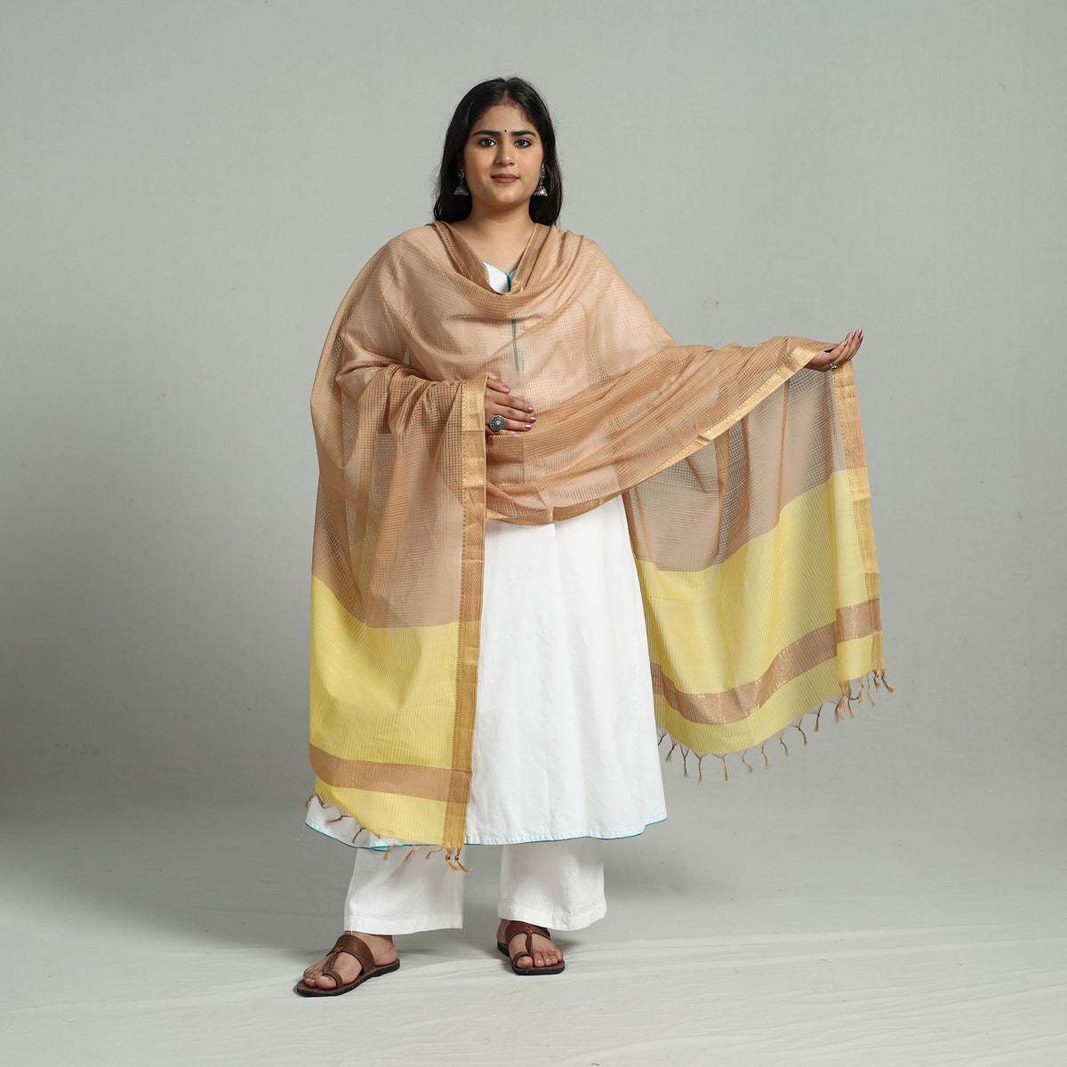 Brown - Handloom Cotton Nizam Zari Border Mangalagiri Dupatta 15