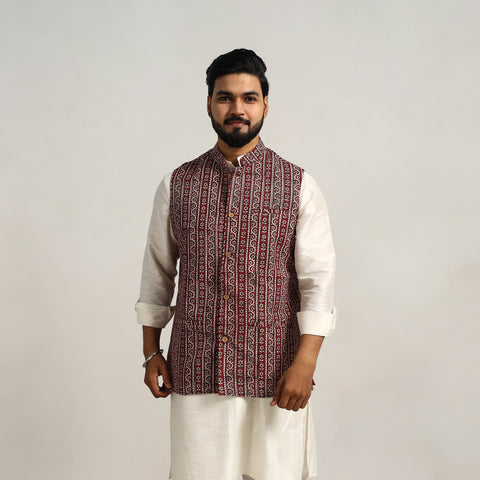 Red - Bagh Print Nehru Jacket for Men 13