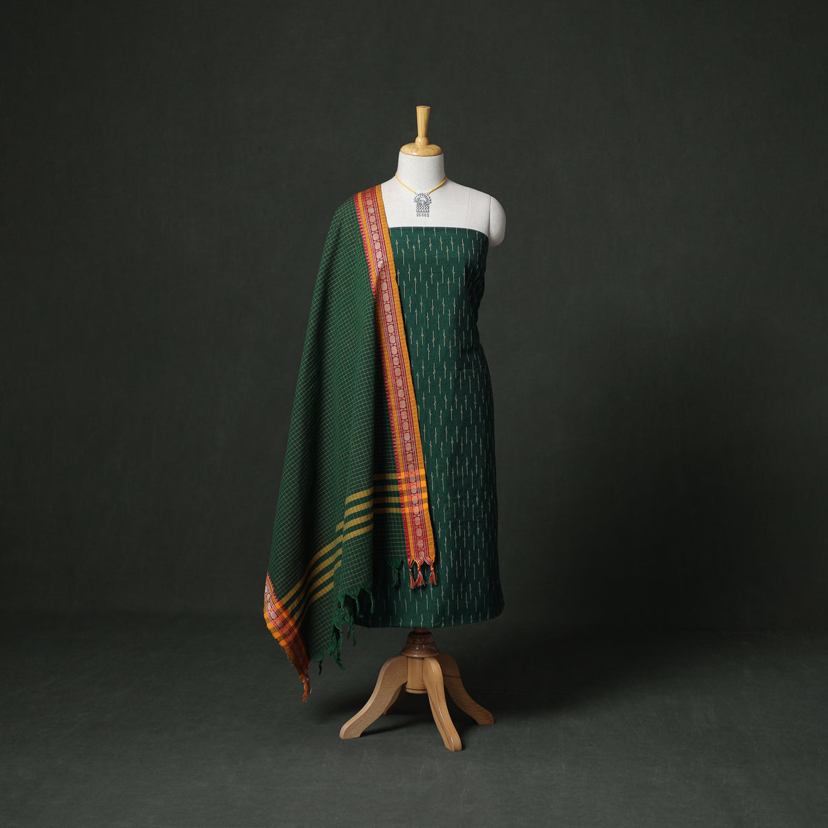 Pochampally Ikat Cotton Unstitched Dress Material: Kurta & Dupatta with Jewellery 30