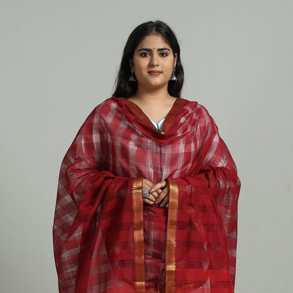 Maroon - Handloom Cotton Nizam Zari Border Mangalagiri Dupatta 16