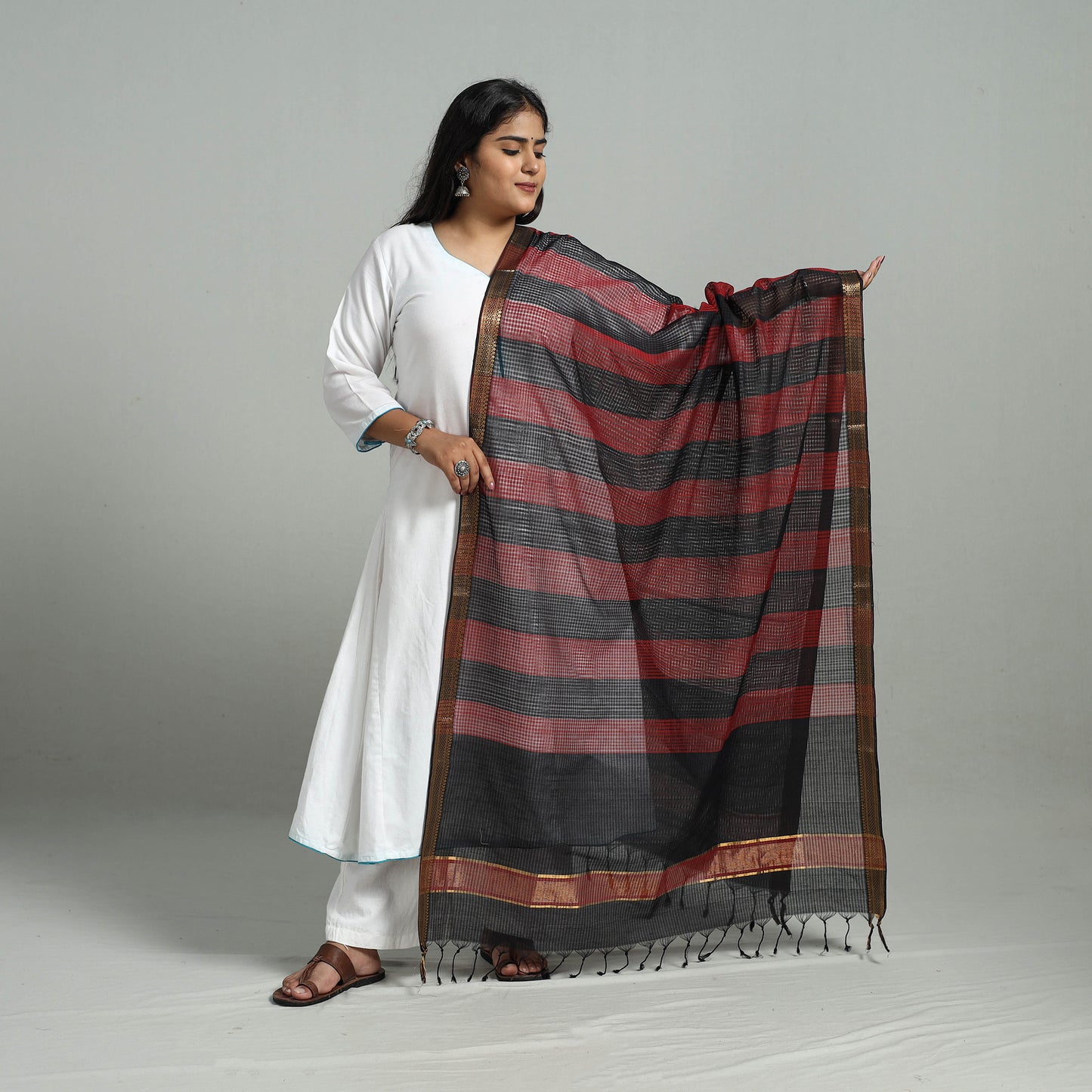 Multicolor - Handloom Cotton Nizam Zari Border Mangalagiri Dupatta 17