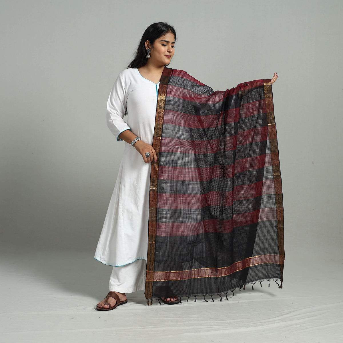 Multicolor - Handloom Cotton Nizam Zari Border Mangalagiri Dupatta 18