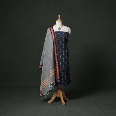 Pochampally Ikat Cotton Unstitched Dress Material: Kurta & Dupatta with Jewellery 31