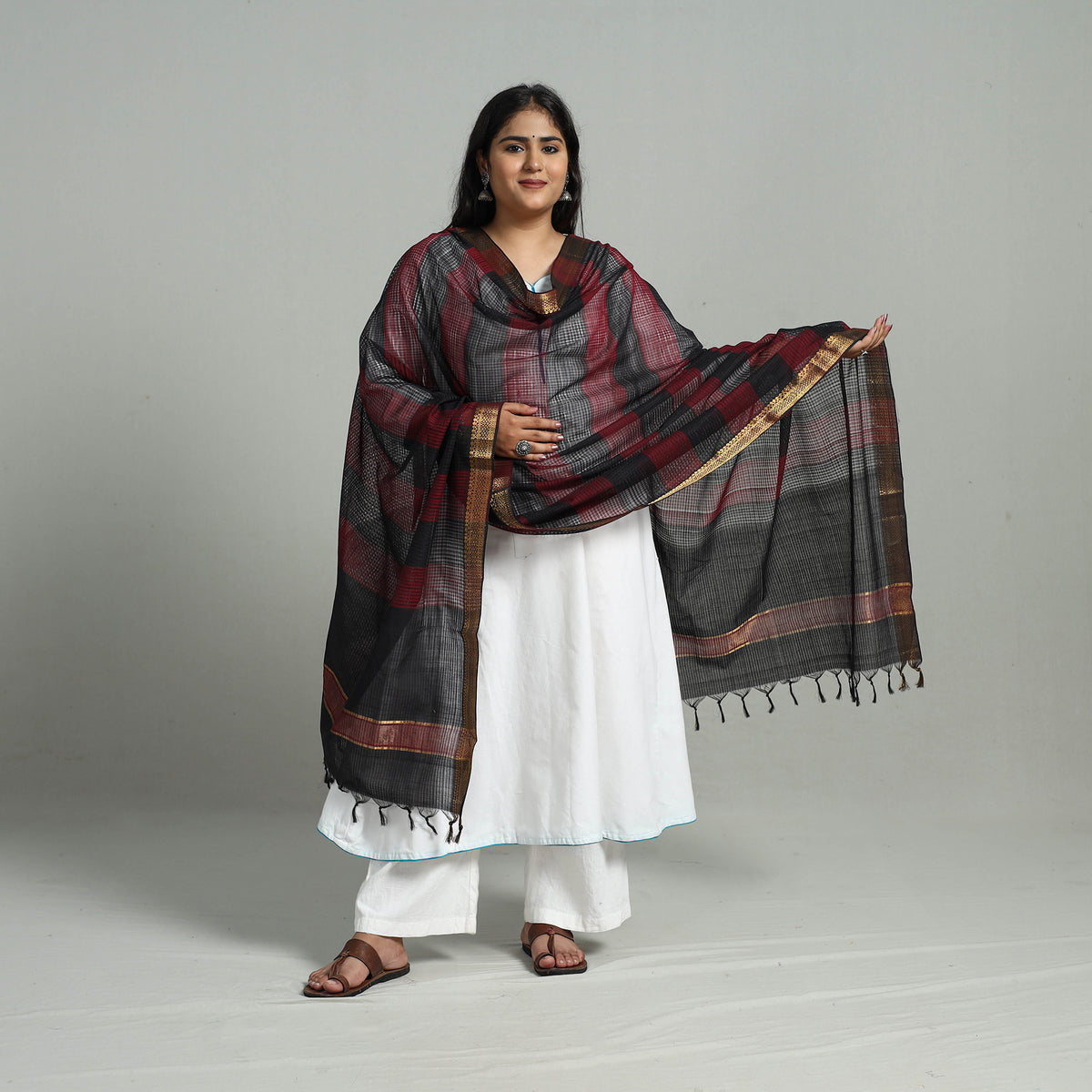 Multicolor - Handloom Cotton Nizam Zari Border Mangalagiri Dupatta 18