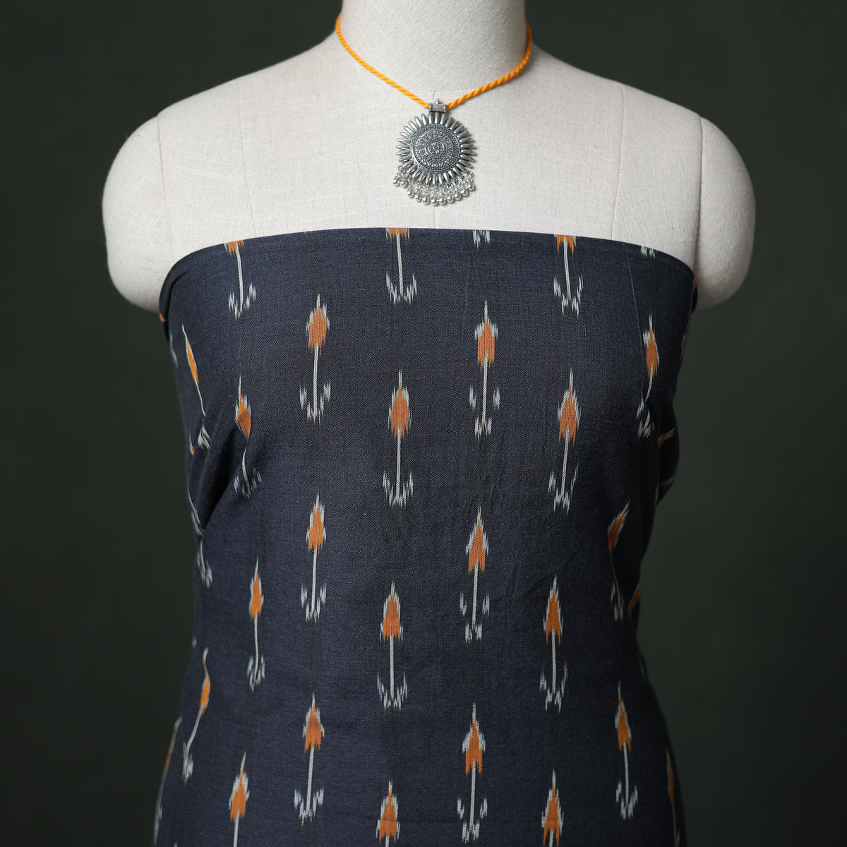 Pochampally Ikat Cotton Unstitched Dress Material: Kurta & Dupatta with Jewellery 31