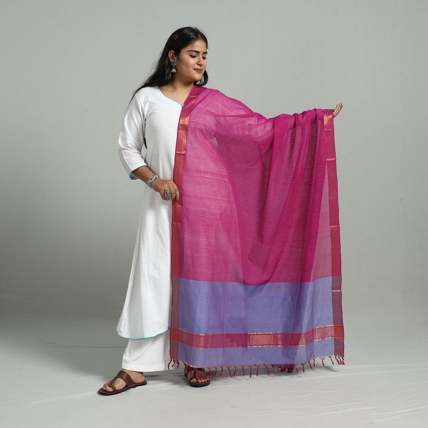 Pink - Handloom Cotton Nizam Zari Border Mangalagiri Dupatta 19