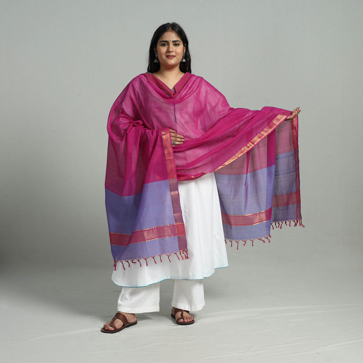 Pink - Handloom Cotton Nizam Zari Border Mangalagiri Dupatta 19