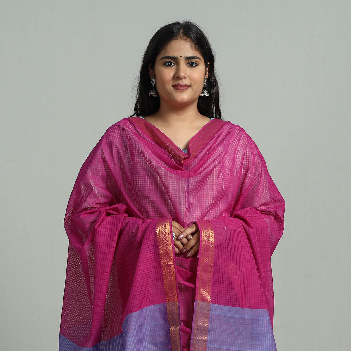 Pink - Handloom Cotton Nizam Zari Border Mangalagiri Dupatta 19