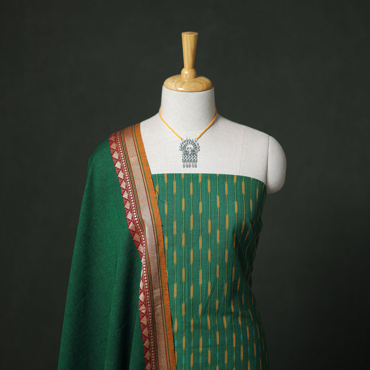 Pochampally Ikat Cotton Unstitched Dress Material: Kurta & Dupatta with Jewellery 32