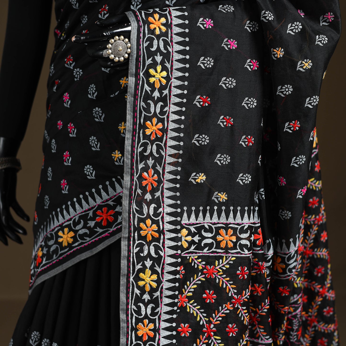 Phulkari Hand Embroidered Chanderi Silk Chapa Work Saree 01