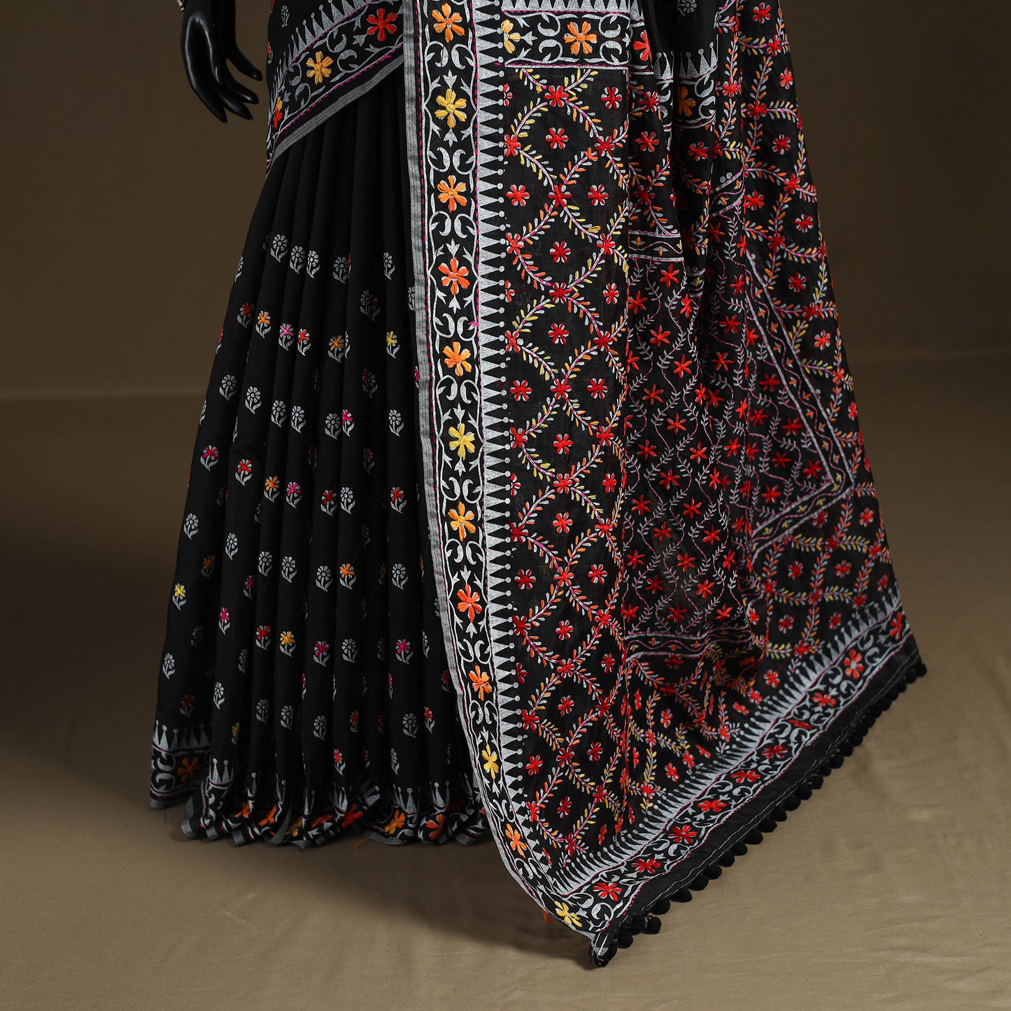Phulkari Hand Embroidered Chanderi Silk Chapa Work Saree 01