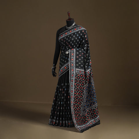 Black - Phulkari Hand Embroidered Chanderi Silk Chapa Work Saree 02