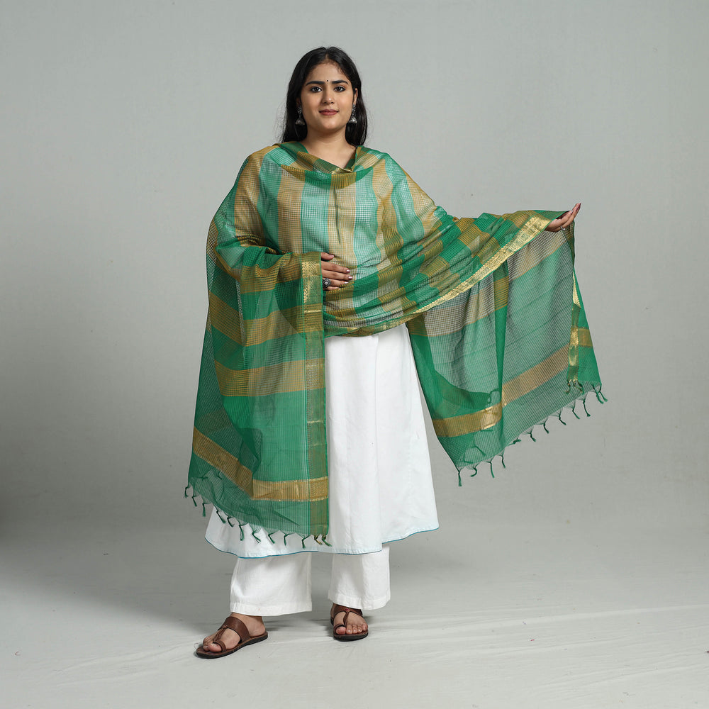 Green - Handloom Cotton Nizam Zari Border Mangalagiri Dupatta 21