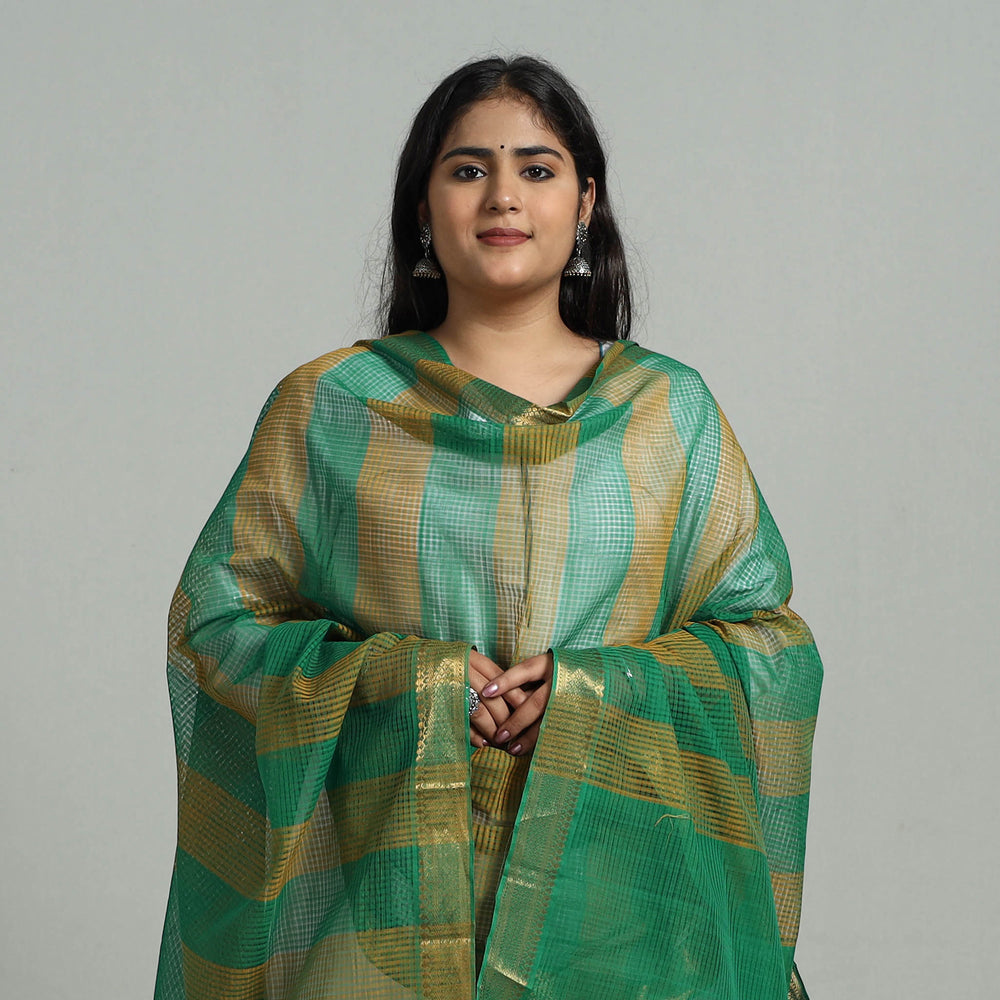 Green - Handloom Cotton Nizam Zari Border Mangalagiri Dupatta 21