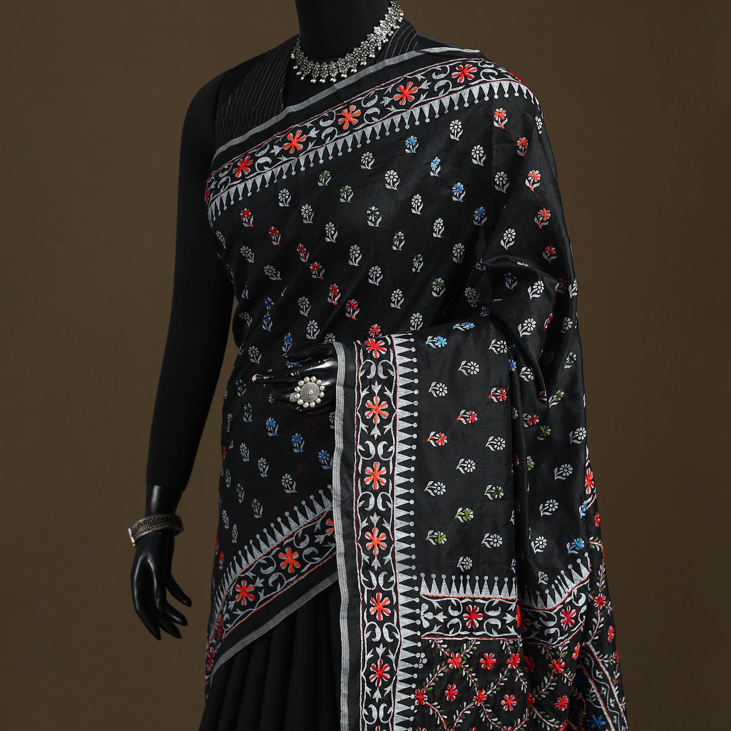 Black - Phulkari Hand Embroidered Chanderi Silk Chapa Work Saree 02