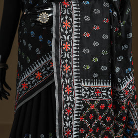 Black - Phulkari Hand Embroidered Chanderi Silk Chapa Work Saree 02