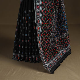 Black - Phulkari Hand Embroidered Chanderi Silk Chapa Work Saree 02