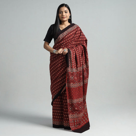 Red - Ajrakh Block Printed Cotton Saree