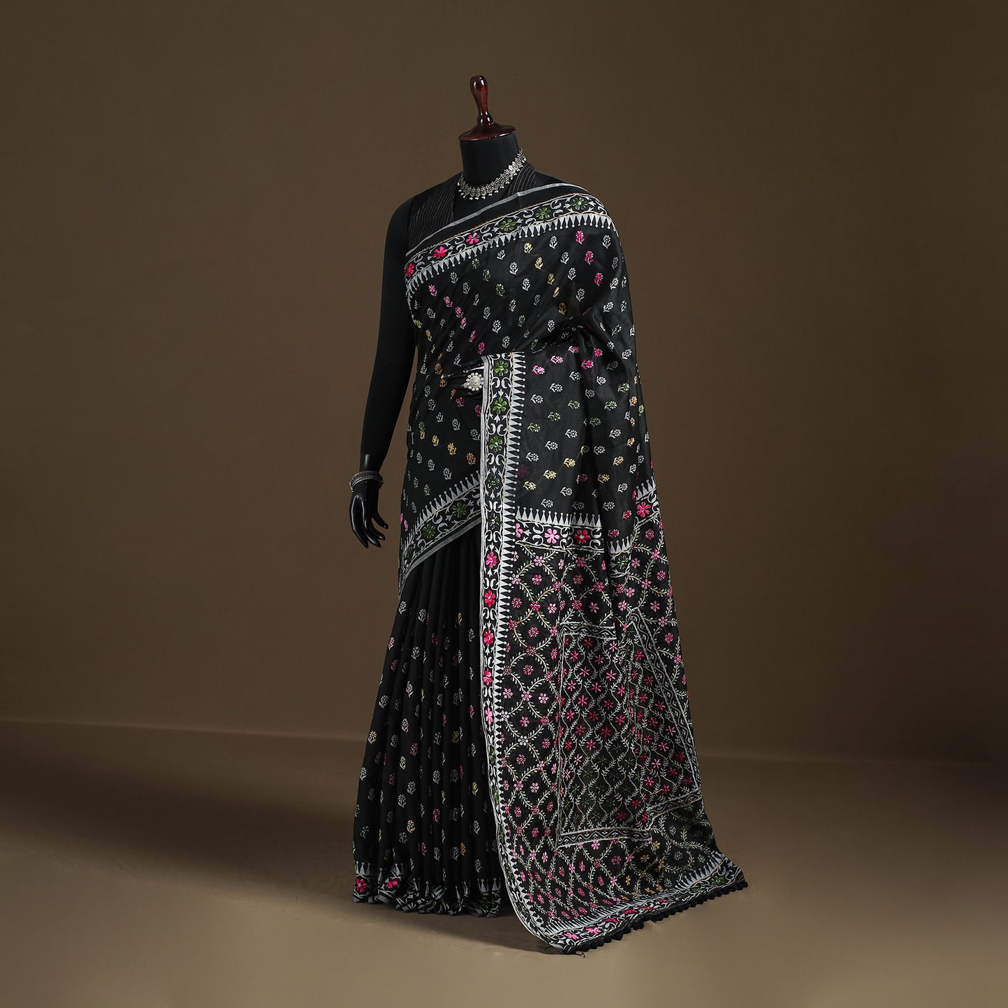 Phulkari Hand Embroidered Chanderi Silk Chapa Work Saree 03