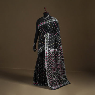 Phulkari Hand Embroidered Chanderi Silk Chapa Work Saree 03