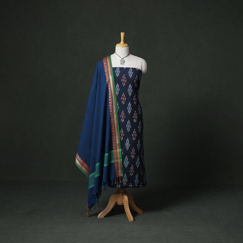 Pochampally Ikat Cotton Unstitched Dress Material: Kurta & Dupatta with Jewellery 34