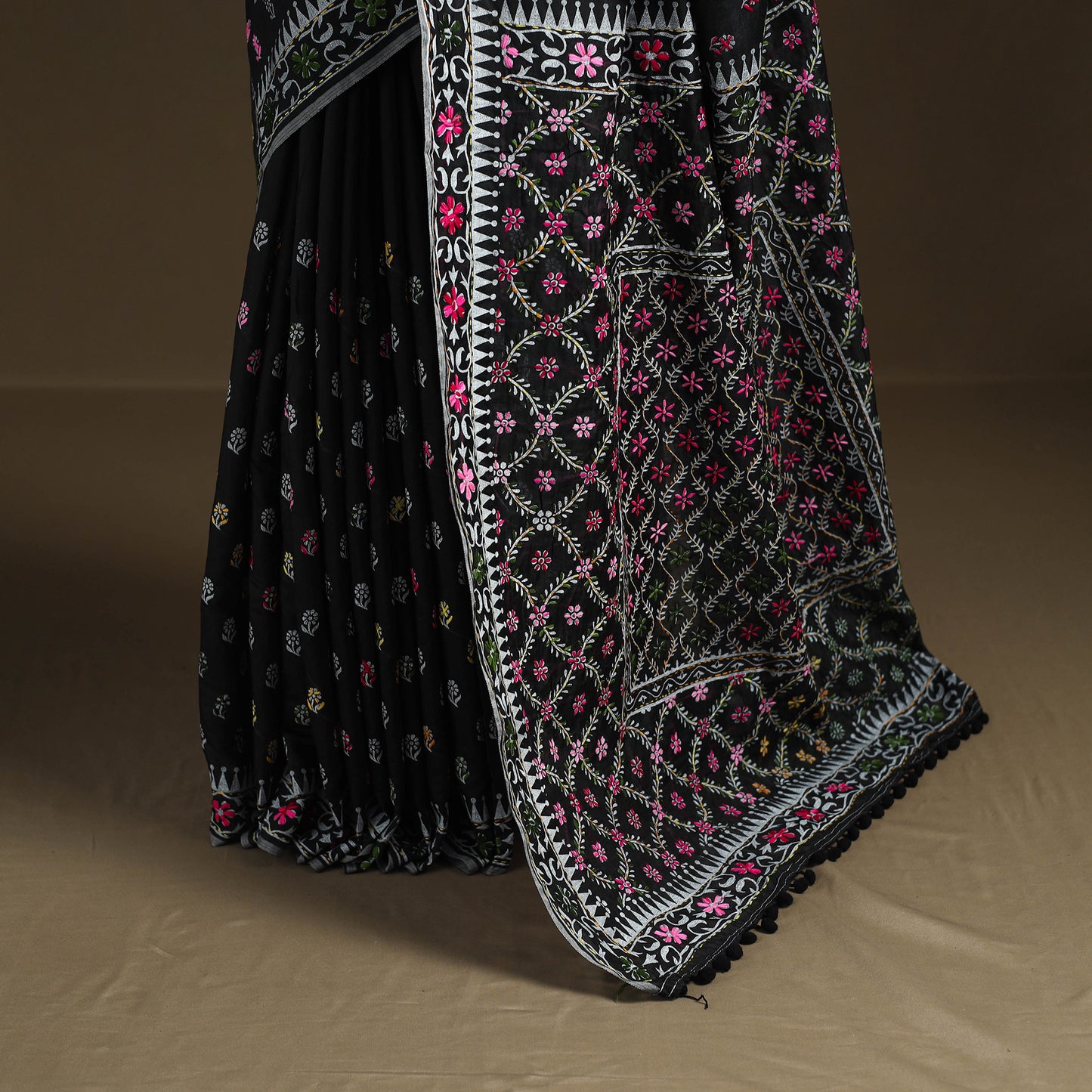 Phulkari Hand Embroidered Chanderi Silk Chapa Work Saree 03