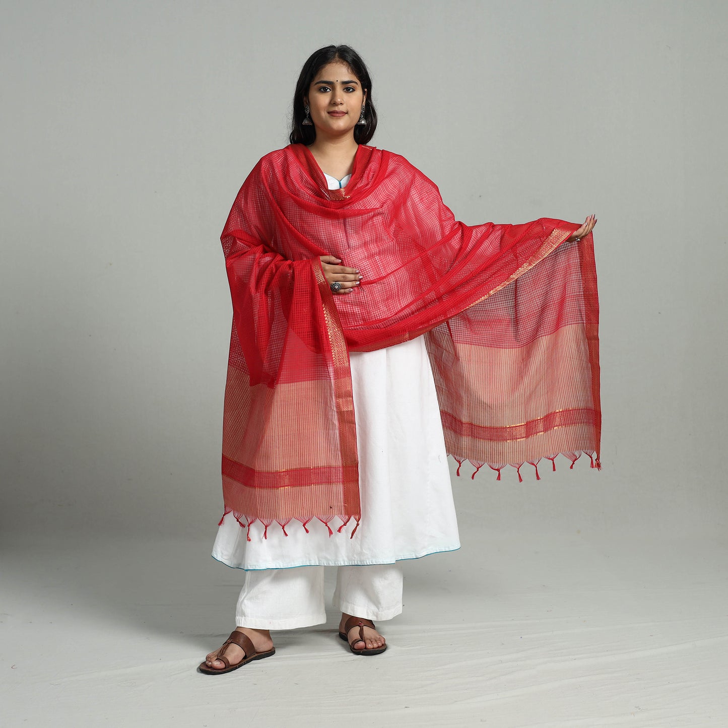 Red - Handloom Cotton Nizam Zari Border Mangalagiri Dupatta 24