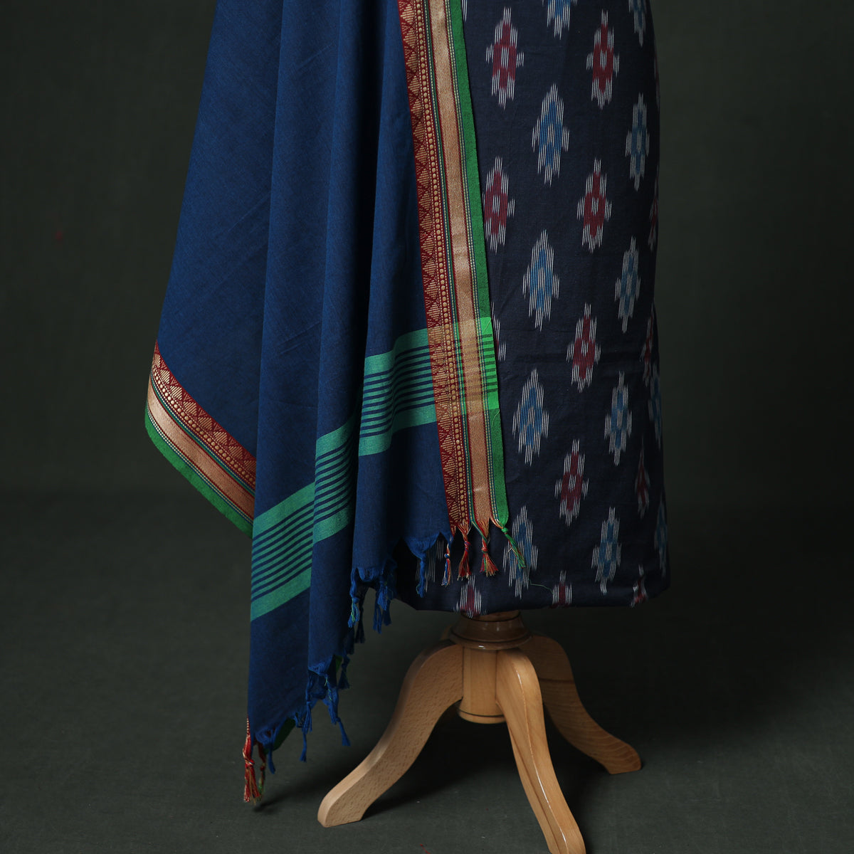 Pochampally Ikat Cotton Unstitched Dress Material: Kurta & Dupatta with Jewellery 34