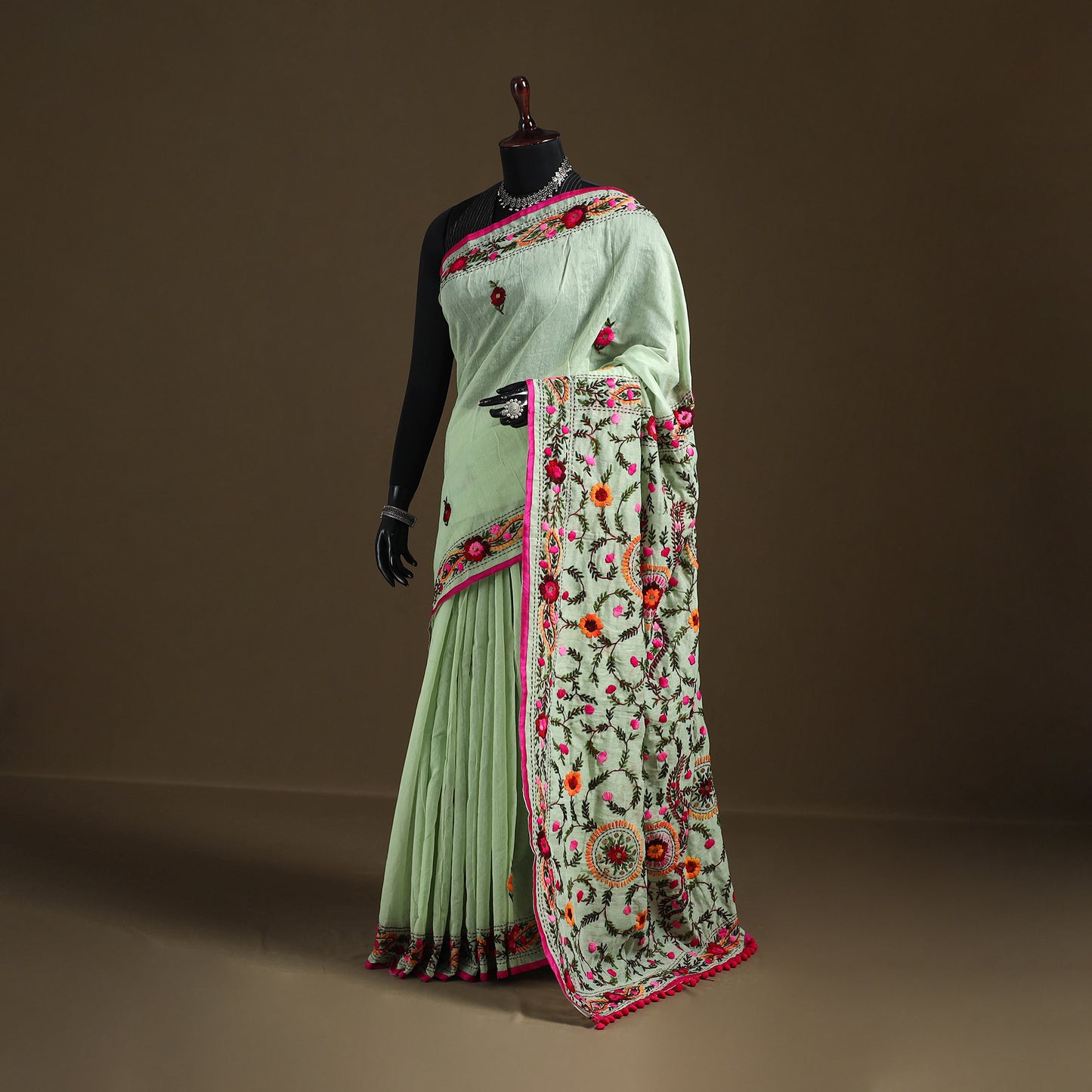 Phulkari Hand Embroidered Chanderi Silk Chapa Work Saree 04