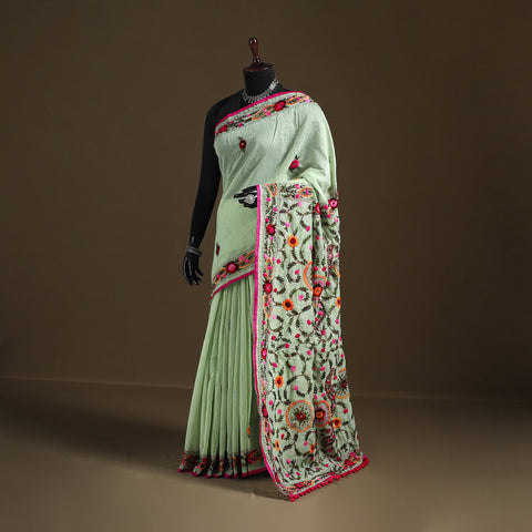 Green - Phulkari Hand Embroidered Chanderi Silk Chapa Work Saree 04