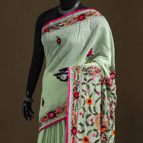 Phulkari Hand Embroidered Chanderi Silk Chapa Work Saree 04