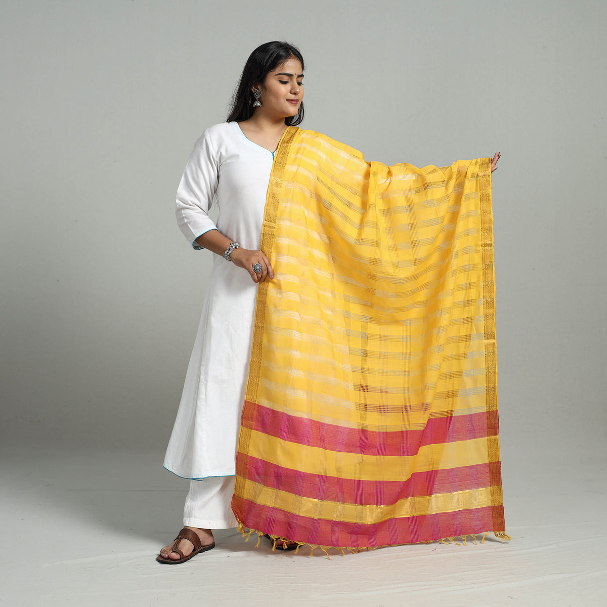 Yellow - Handloom Cotton Nizam Zari Border Mangalagiri Dupatta 25