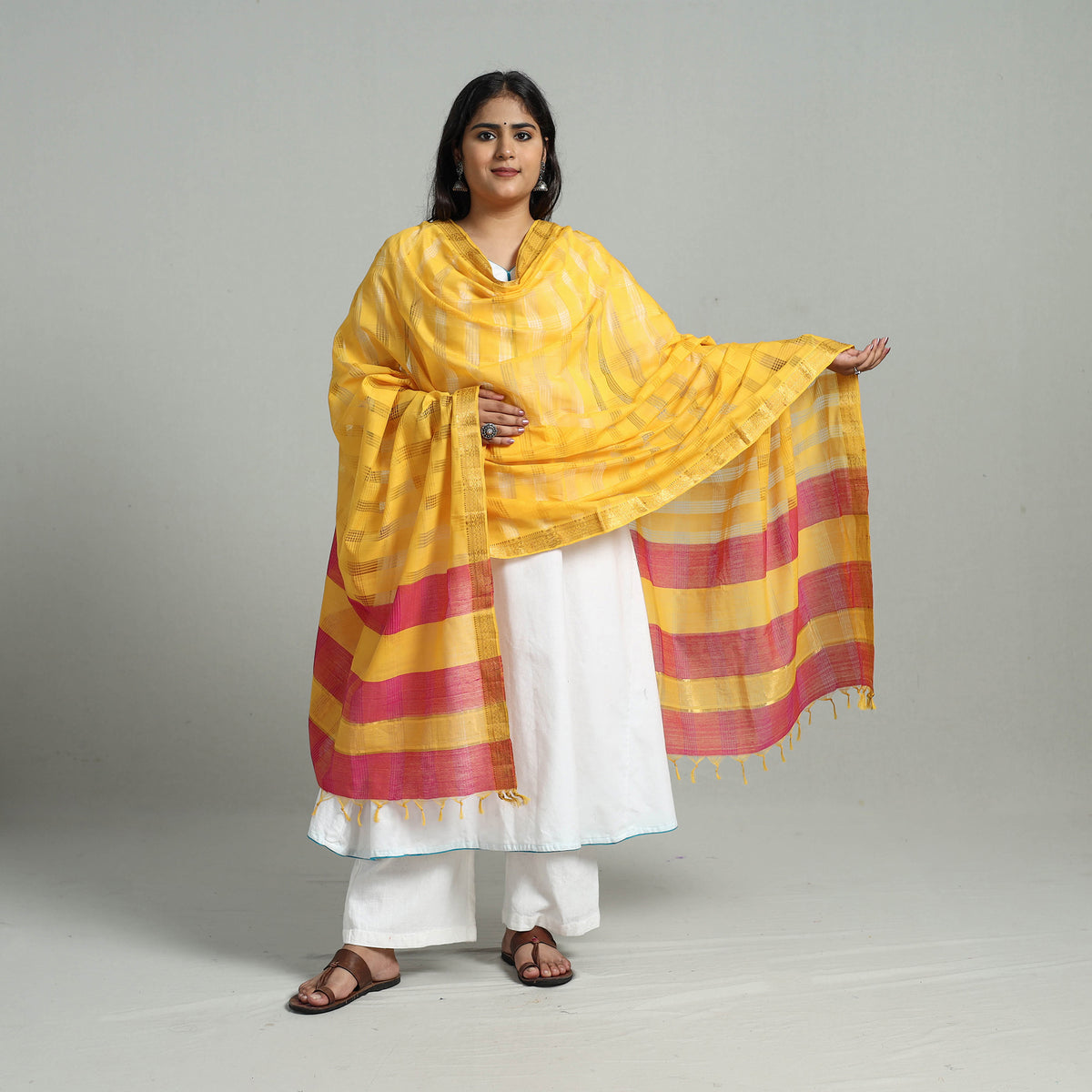 Yellow - Handloom Cotton Nizam Zari Border Mangalagiri Dupatta 25