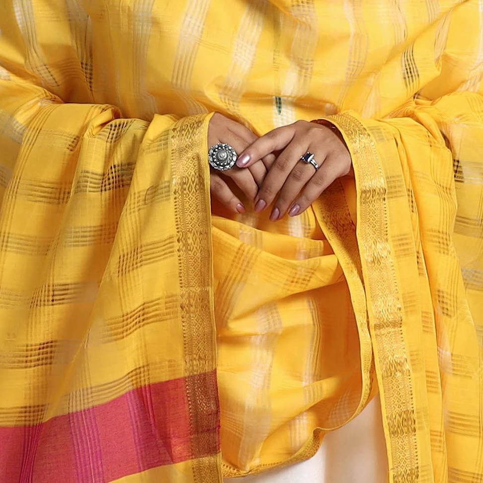 Yellow - Handloom Cotton Nizam Zari Border Mangalagiri Dupatta 25