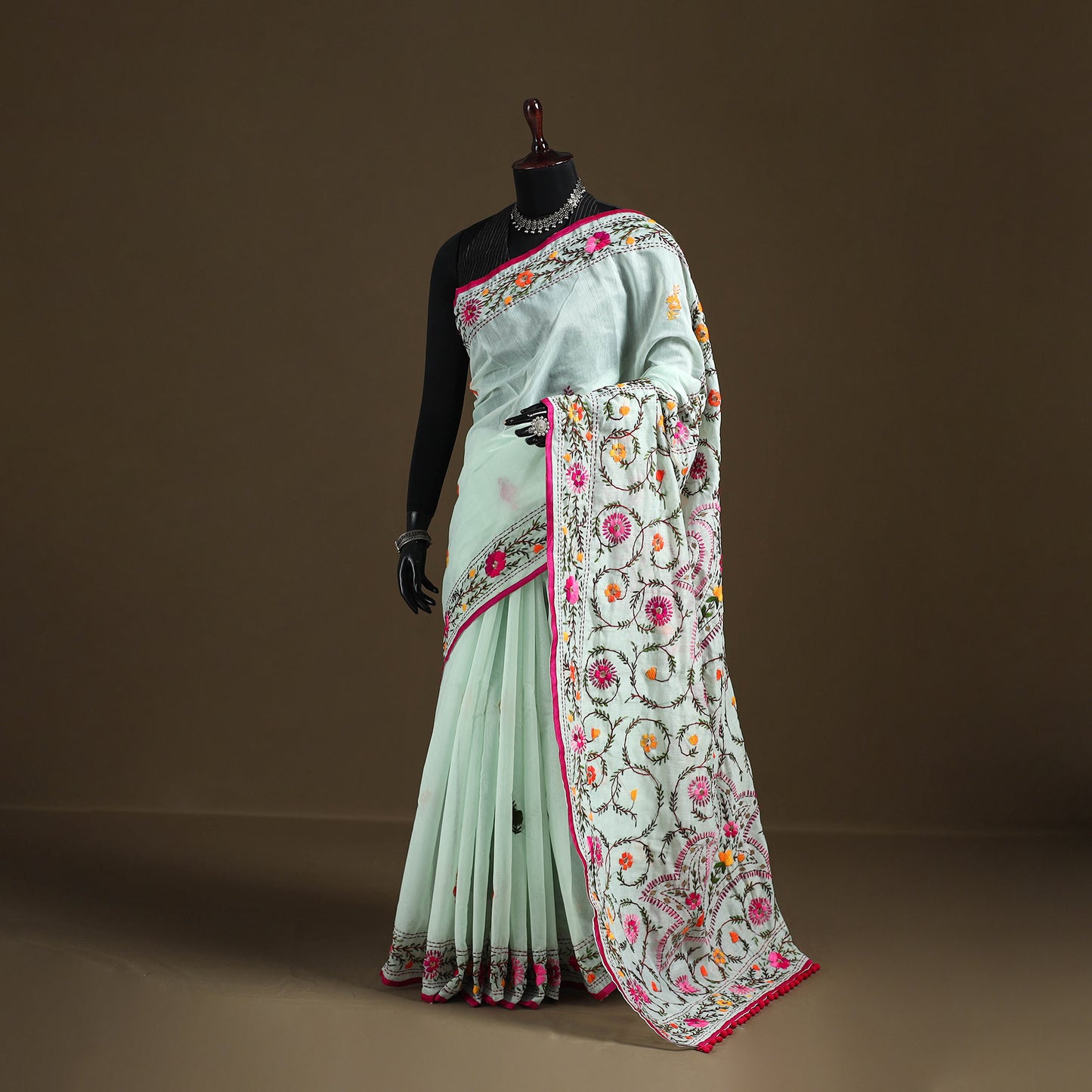 Phulkari Hand Embroidered Chanderi Silk Chapa Work Saree 05