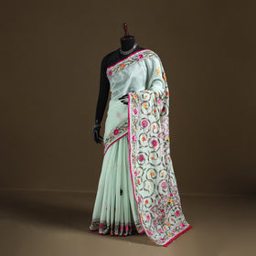 Phulkari Hand Embroidered Chanderi Silk Chapa Work Saree 05