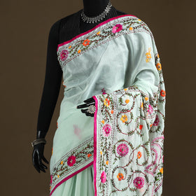 Phulkari Hand Embroidered Chanderi Silk Chapa Work Saree 05