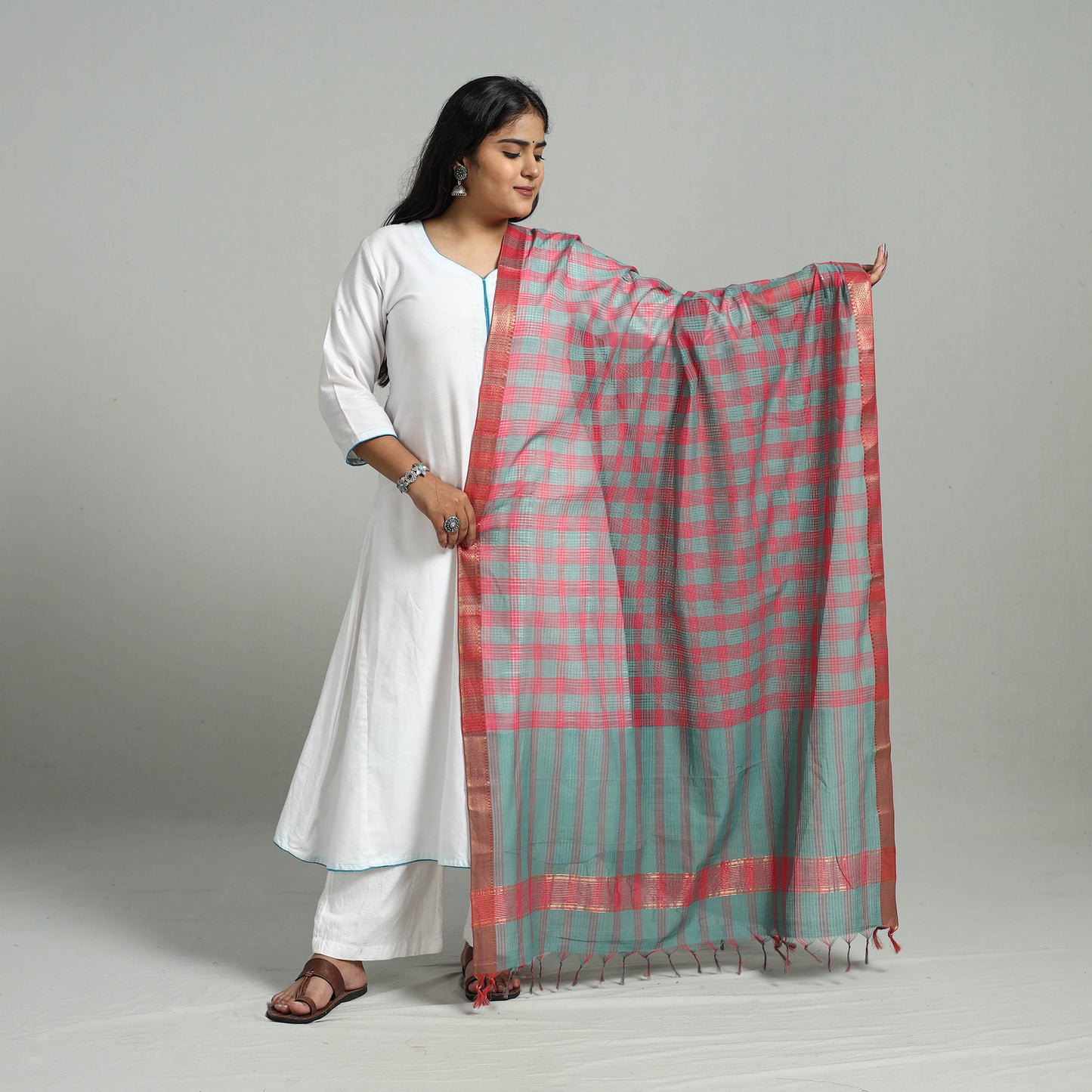 Multicolor - Handloom Cotton Nizam Zari Border Mangalagiri Dupatta 27