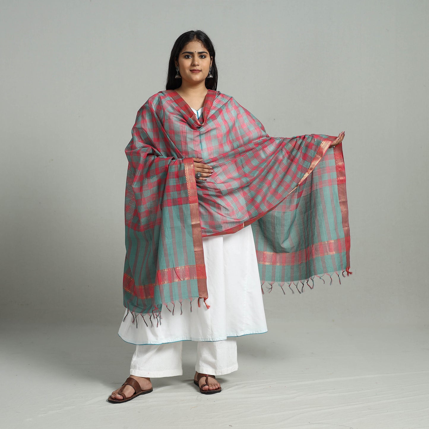 Multicolor - Handloom Cotton Nizam Zari Border Mangalagiri Dupatta 27