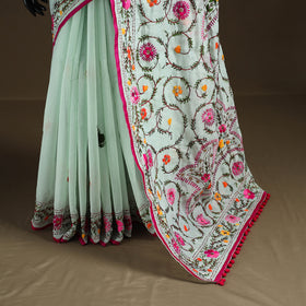 Phulkari Hand Embroidered Chanderi Silk Chapa Work Saree 05