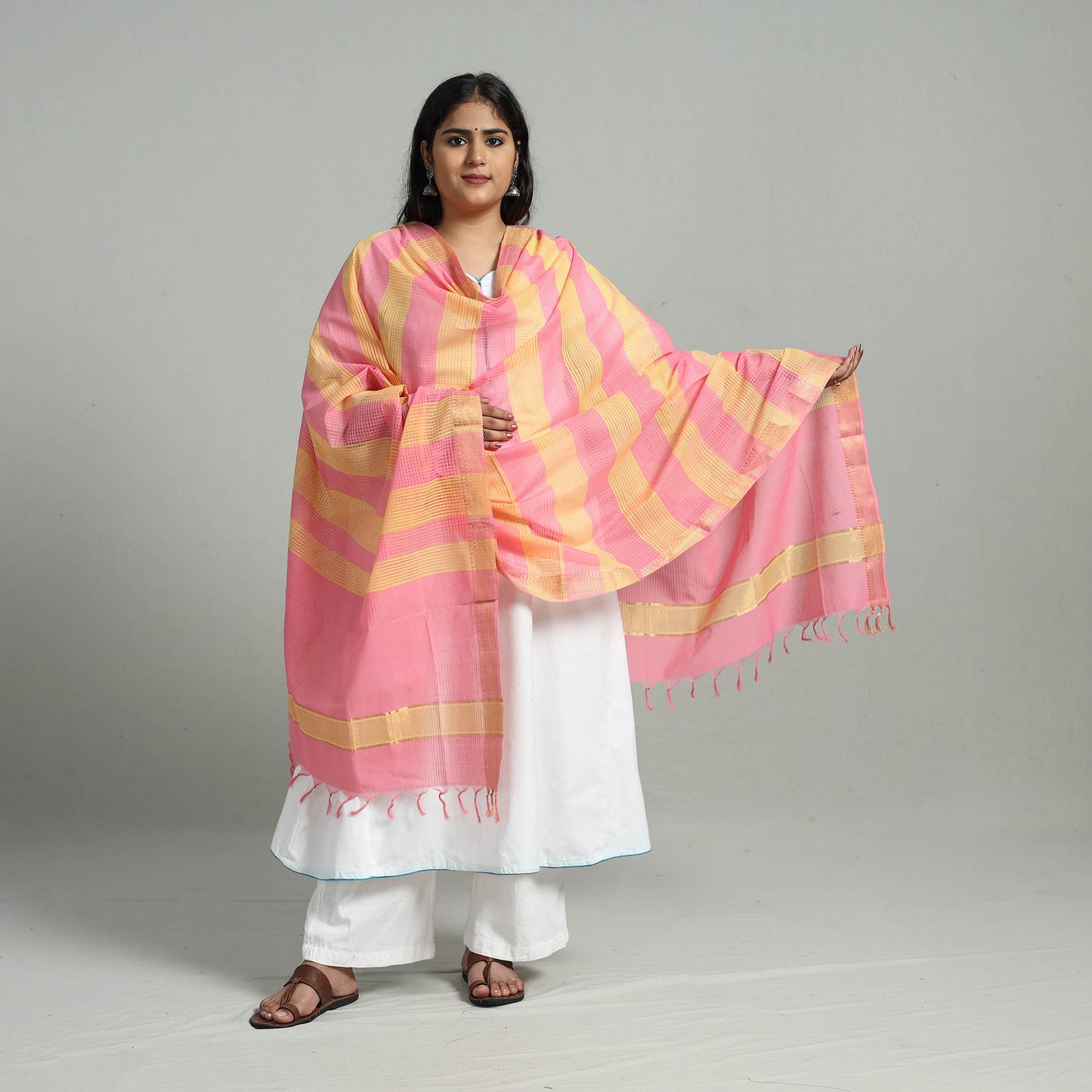 Multicolor - Handloom Cotton Nizam Zari Border Mangalagiri Dupatta 28