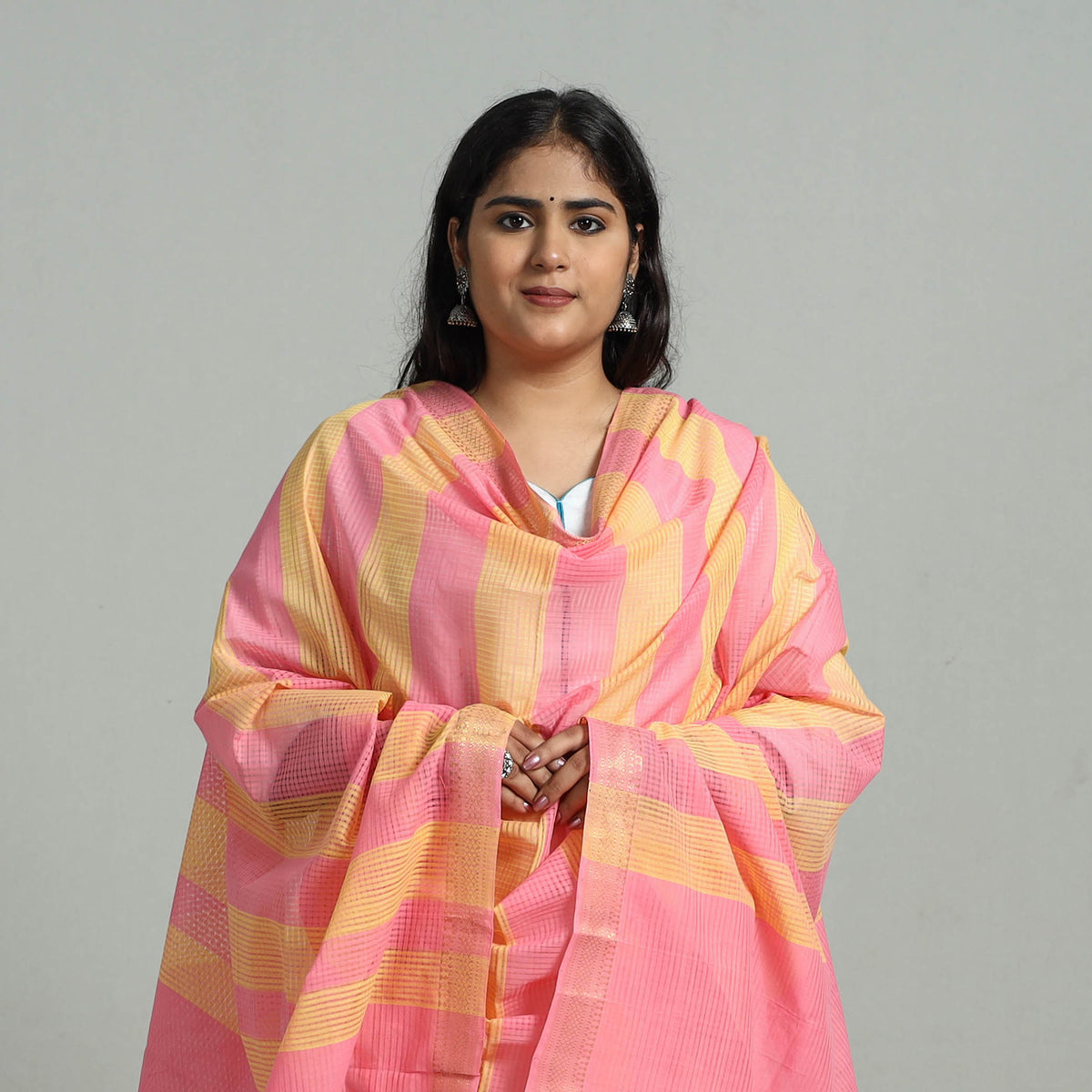 Multicolor - Handloom Cotton Nizam Zari Border Mangalagiri Dupatta 28