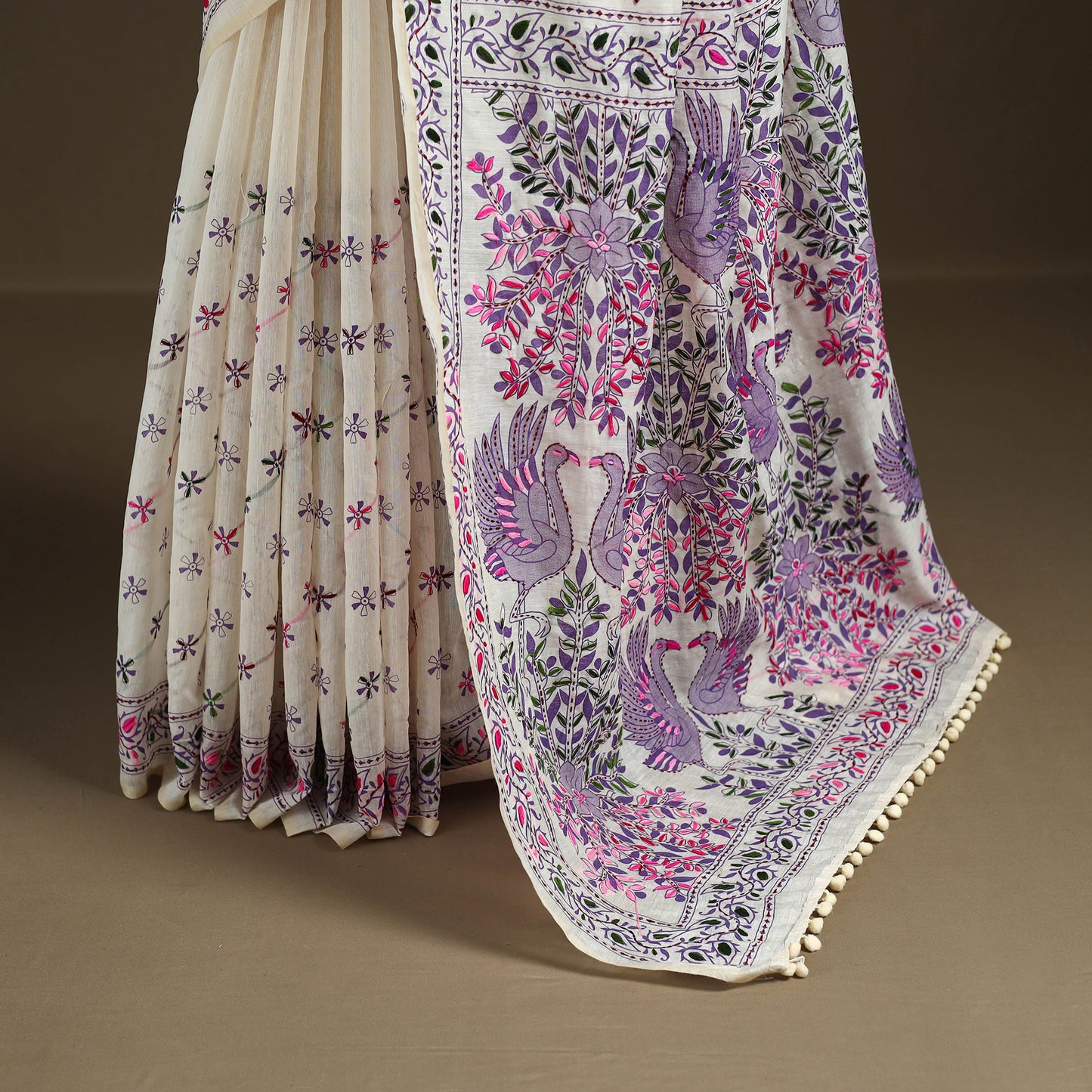 Phulkari Hand Embroidered Chanderi Silk Chapa Work Saree 06