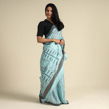 Blue - Bengal Kantha Hand Embroidery Handloom Cotton Saree with Tassels 09