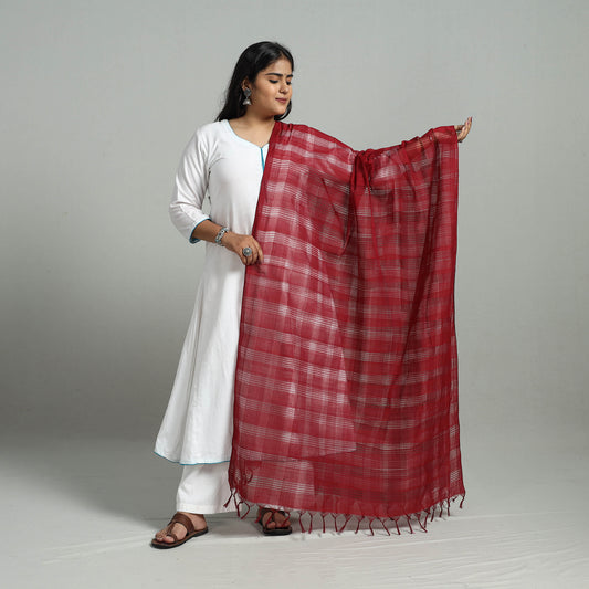 Maroon - Handloom Cotton Mangalagiri Dupatta with Tassels 31