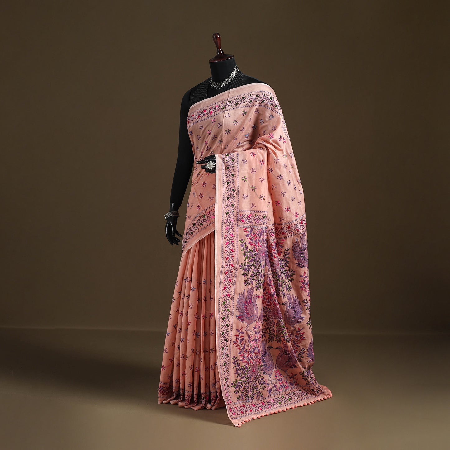 Phulkari Hand Embroidered Chanderi Silk Chapa Work Saree 07