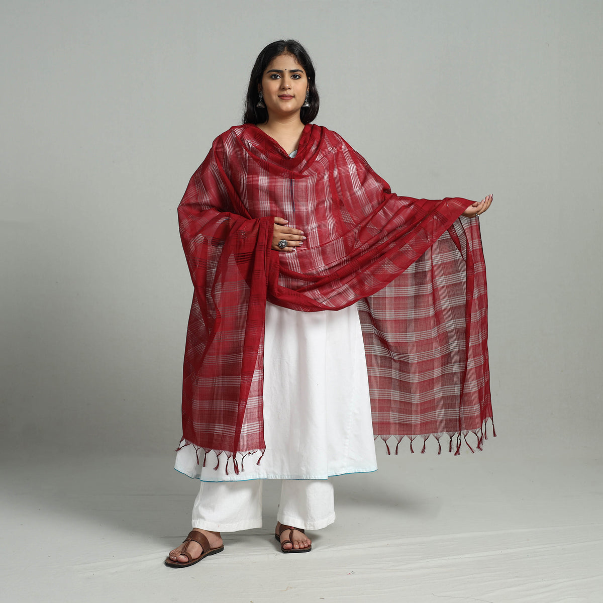 Maroon - Handloom Cotton Mangalagiri Dupatta with Tassels 31