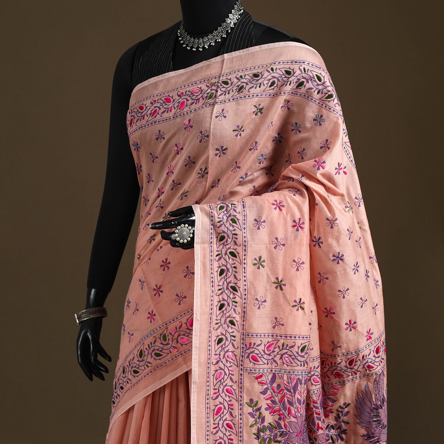 Phulkari Hand Embroidered Chanderi Silk Chapa Work Saree 07