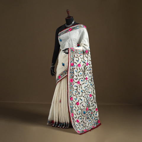 White - Phulkari Hand Embroidered Chanderi Silk Chapa Work Saree 09